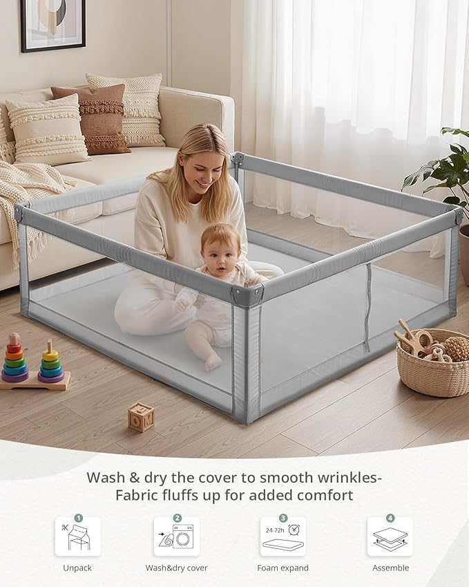 Blissful Diary Ultra Soft Baby Play Mat, 50x50 Floor Mat with Removable & Washable Slip-On Cover for Babies and Toddlers Infants, Light Grey