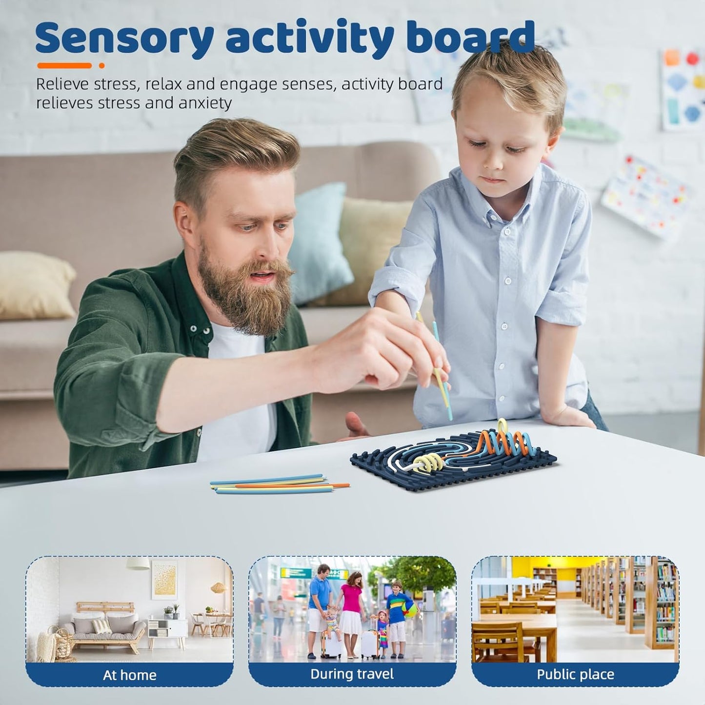 Sensory Activity Board: Ednzion Double-Sided Silicone Fidget Toy for Kids & Adults | Silent, No Mess, Calming for Anxiety, ADHD & Autism | Portable with Travel Bag & 20 Strings | Ages 3+