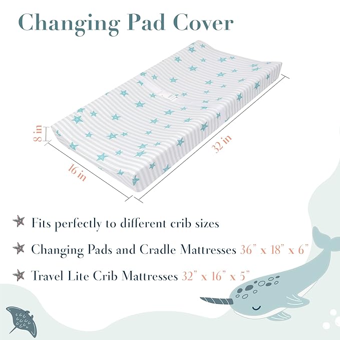 100% Cotton Changing Pad Cover for Baby Boys and Girls, Nautical - Breathable Bassinet, Mini Crib Mattress Fitted Sheets - Ocean Stars, 32"x16" with 8" Deep Pocket, Teal-White, 2 Pack