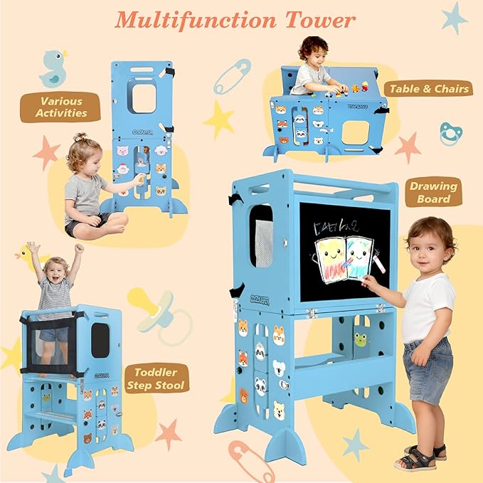 Toddler Kitchen Stool Helper, CPC Certified Foldable Toddler Tower, Learning Wooden Tower with Support Feet and Chalkboard, Anti-Drop Structure, Safe Design for Kids, Blue