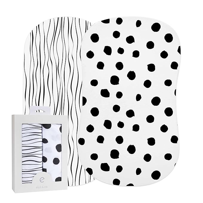 Bassinet Sheet Set 2 Pack 100% Jersey Cotton Black and White Abstract Stripes and Dots by Ely's & Co