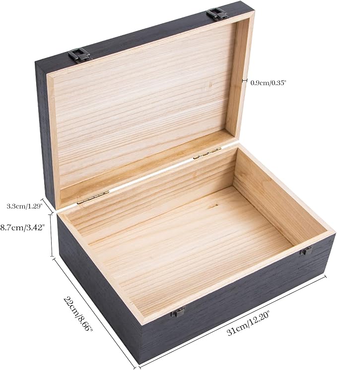 Black Wooden Storage Box with Hinged Lid and Front Clasp, 12.2''x8.6''x4.7'' Large Wooden Box, Wood Gift Boxes for Crafts Art Hobbies and Valentine's Day Decoration