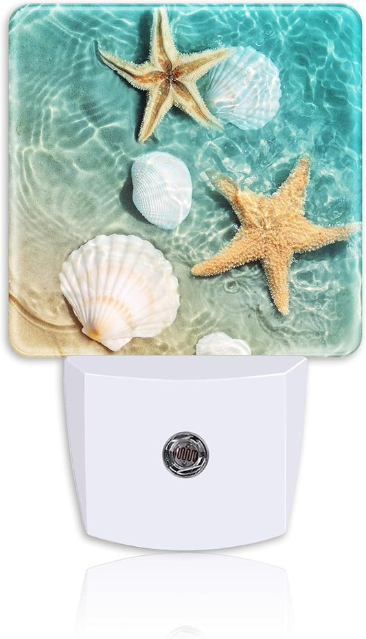 Starfish and Shell in Beach Sea Water Night Light Plug Wall,LED Night Lights with Dusk to Dawn Light Sensor for Women Girls Boys Room Decor,Hallway,Kitchen,Bathroom,Nursery,Stairs