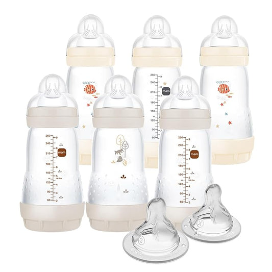 MAM 9oz Easy Start Anti-Colic Baby Bottles, Medium Flow with 2X Bonus Nipples (Fast and Extra Fast Flow), Reduces Colic, Gas, & Reflux, Easy-to-Clean, BPA-Free, 2 Plus Months