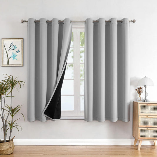 ChrisDowa 100% Blackout Curtains for Bedroom with Black Liner, 2 Thick Layers Total Blackout Thermal Insulated Grommet Small Window Curtains 54 Inch Long 2 Panels Set (Light Grey, 52 x 54 Inch)