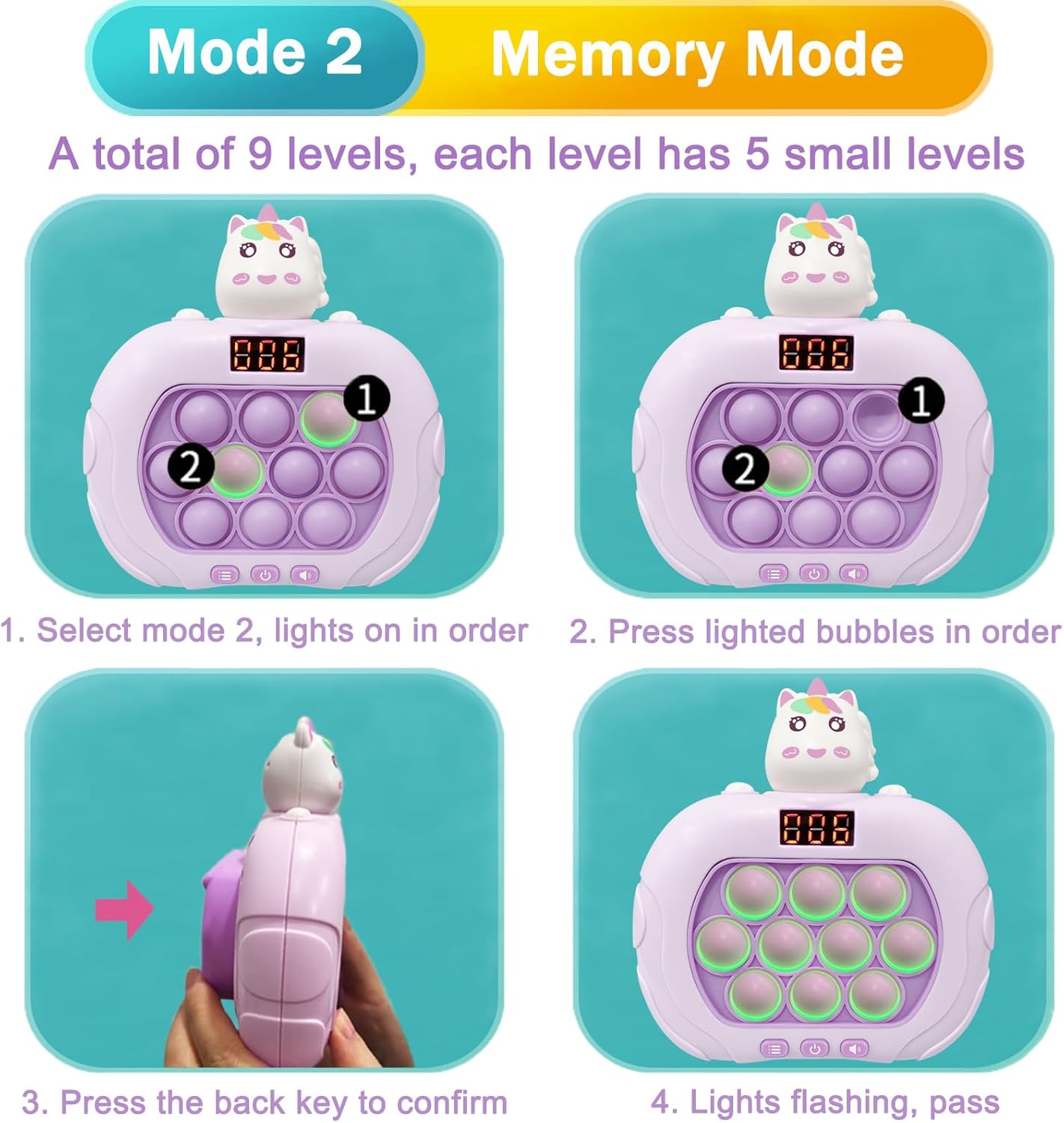 Pop Quick Push Game Light Up Fidget Toys Handheld Puzzle Press Popping Game Console for Kids Ages 3+ Adult Unicorn