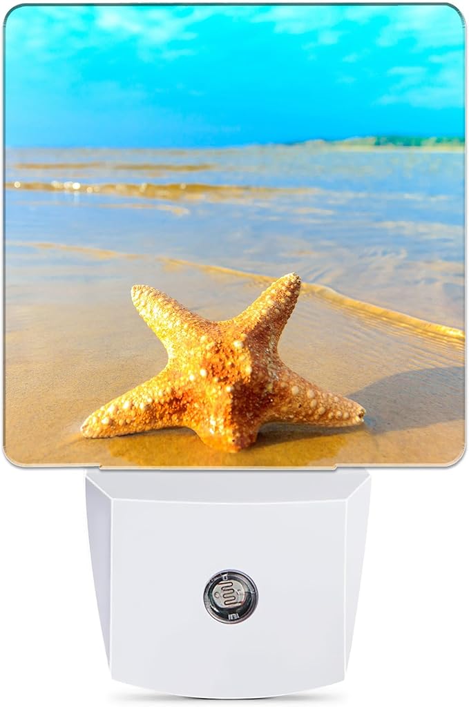Yellow Starfish on Beach Night Light, Dusk to Dawn Smart Sensor Nightlight for Bedroom Bathroom Kitchen Hallway Stairs Hallway, Plug-in, Energy Efficient Decor Desk Lamp Gifts