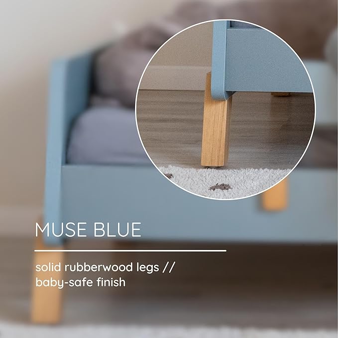 dadada Muse Blue Toddler Bed with 2 Removable Safety Rails. Low Profile Montessori Bed. Sturdy Solid Wood Frame, Fits Standard Crib Mattress, Easy to Assemble, Toddler Bed for Boys & Girls - Blue