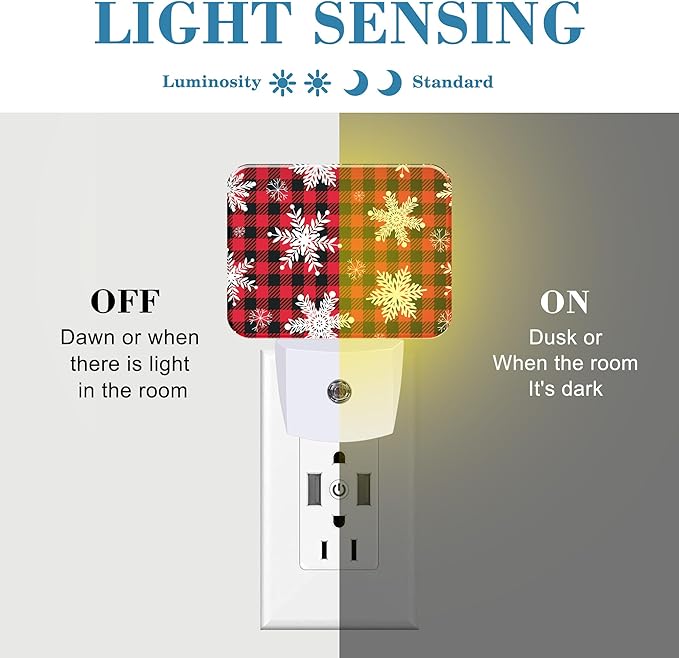 Christmas Snowflakes Night Light, Christmas Red Plaid Nightlight Plug into Wall with Dusk to Dawn Sensor for Kid Girls Boys Women Men Bedroom, Hallway, Kitchen, Bathroom, Stairs Decor