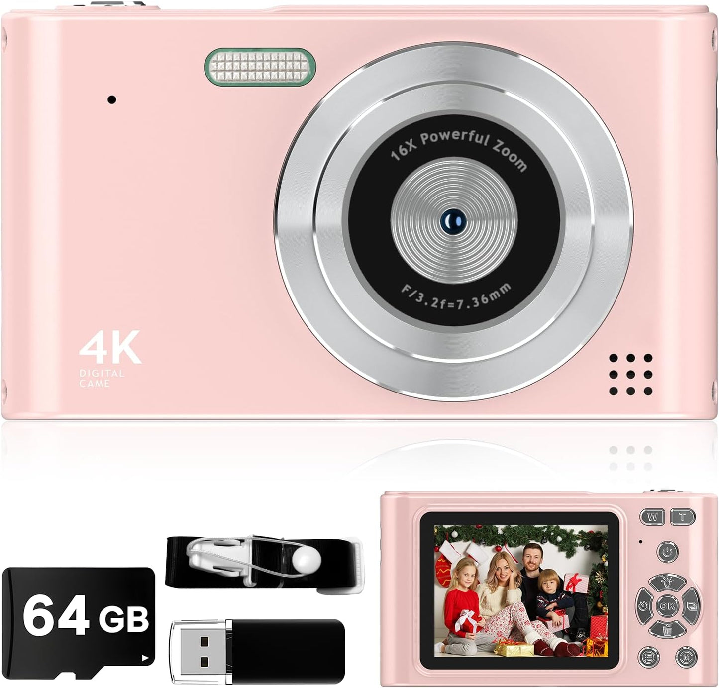 Digital Kids Camera 1080P Vlog Camera with 64GB, Lanyard, 16X Zoom Anti Shake, Card Reader 44MP Compact Portable Point Shoot Digicam for Kid Teen Girl Boy Christmas Halloween Thanksgiving(Pink)