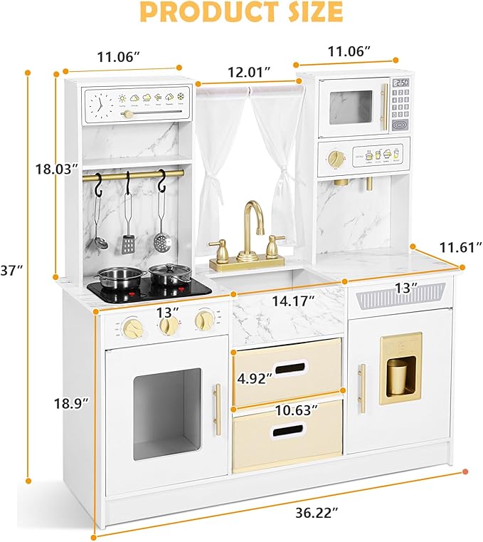 JOYLDIAS Play Kitchen, Wooden Kids Play Kitchen Playset Chef Pretend Play Set for Toddlers w/Ice Cube Dispenser, Oven, Cooking Accessories,Trendy Home Style w/Curtains, Storange Box, Gift for Ages 3+
