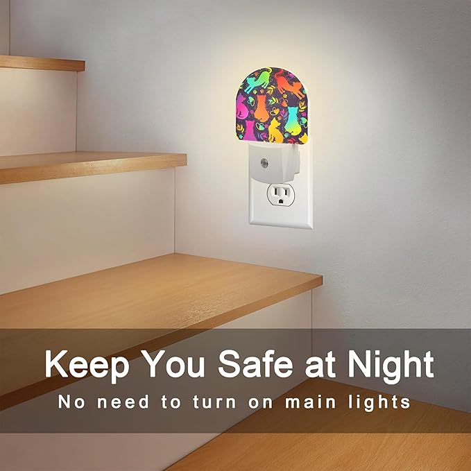 Colorful Cat Silhouettes Night Light, Cute Kittens Hearts and Paw Prints Dusk to Dawn Night Light Plug in,0.5w Energy Saving Sleep Friendly NightLight for Kids Boys Girls Home Decor