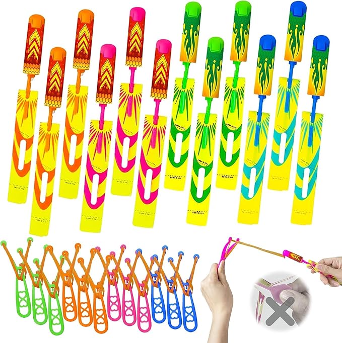 Slingshots Rocket Launcher for Kids, Finger Rocket Flying Copter with Led Lights- Flying Rockets Toys Summer Activities Camping Games Party Favor Gifts for Boys Girls Age 3+ (12 Pack)