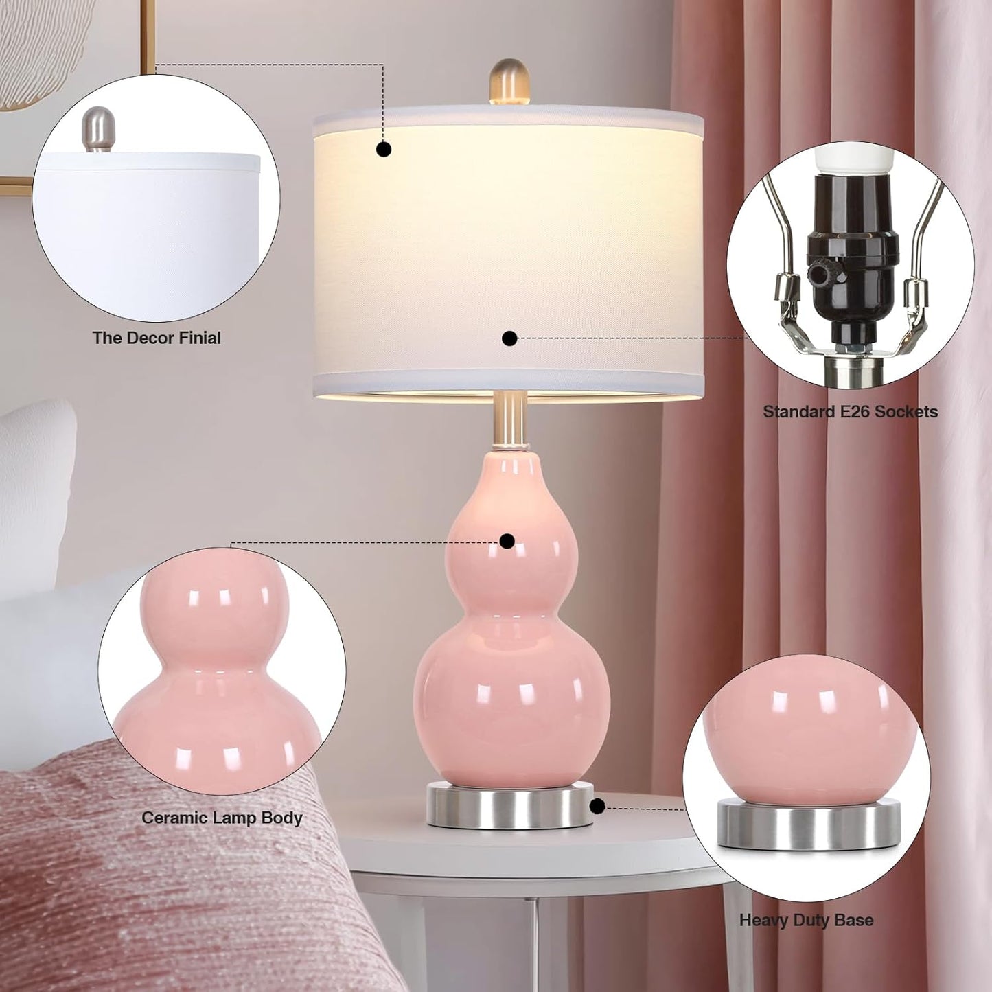 22" Double Gourd Ceramic Table Lamps Set of 2, Pink Modern Bedside Lamps for Living Room, Contemporary Nightstand Desk Lamps for Bedroom End Table Home Office Decor(2 LED Bulbs Included)