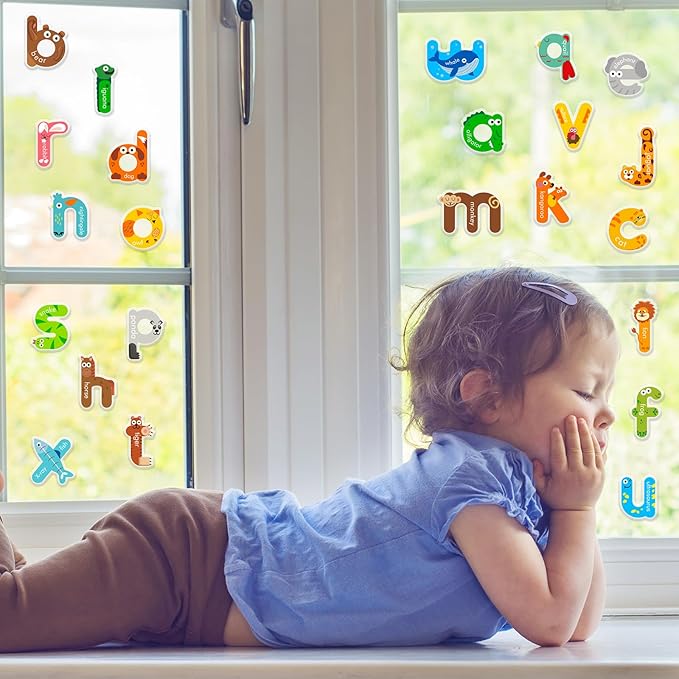 Whaline 52Pcs Alphabet Letters Thick Gel Clings Cute Animal Lowercase Letters Window Gel Decals for Educational Spelling Learning Home Classroom Nursery Decor, 2 Sheets