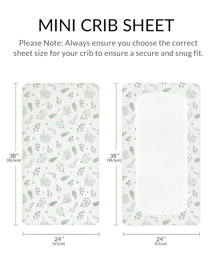 Mini Crib Sheets for Baby Boy Girl 2 Pack, Neutral Mini Crib Mattress Sheet 24" x 38", Muslin Nursery Bedding Soft and Breathable Comfort (Fern Leaf & Sage)