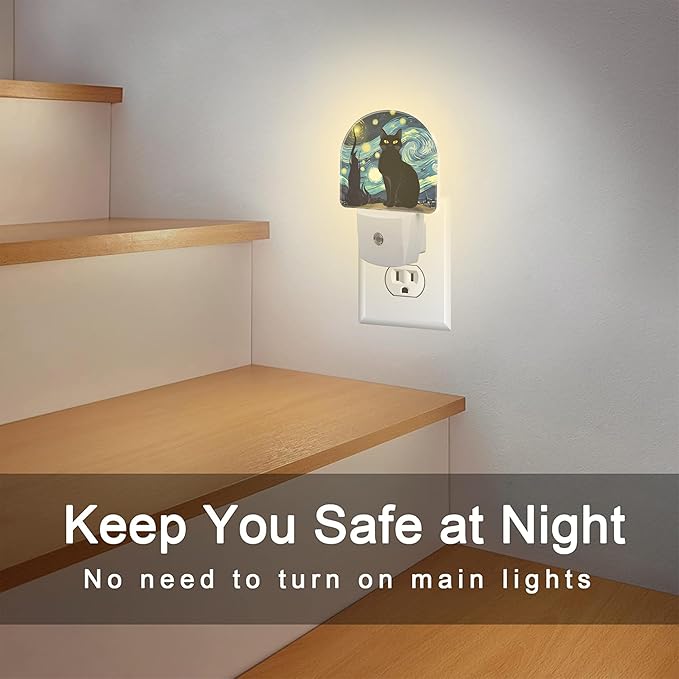 Starry Night Black Cat Night Light Plug into Wall, Impressionist Oil Painting Dusk to Dawn Night Light Plug in,0.5w Energy Saving Sleep Friendly NightLight for Kids Boys Girls Home Decor
