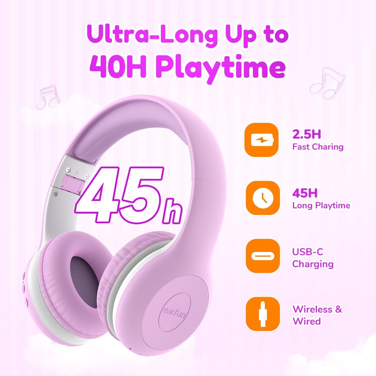 EarFun K2 Kids Bluetooth Headphones, Kids Headphones with Volume Limited, 40H Playtime, Built-in Mic, Stereo Sound, Foldable Over-Ear Headphone for School/Travel/iPad/Tablet, Violet