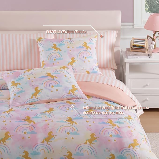 Full Size Comforter Sets with Sheets for Girls-7 Pieces Full Size Bedding Sets with Pink Comforter, Sheets, Pillowcases & Shams for Kids (Gold Unicorn, 76" X 86")