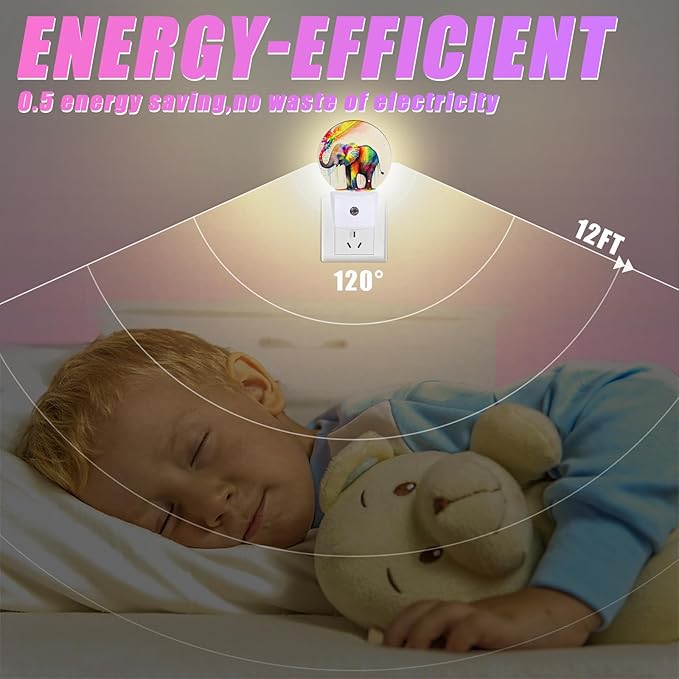 Colorful Elephant Night Light LED Lamp Round Plug into Wall Nightlight with Dusk to Dawn Sensor Home Hallway Stairway Kitchen Decor