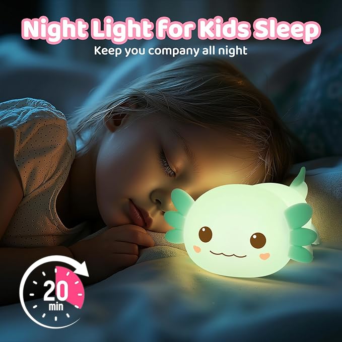 Mewaii Huggwaii Squishy Axolotl Night Light for Kids – Dimmable Silicone Axolotl Lamp, 2025 Upgraded Design, 20H Battery Life Rechargeable Lamp,Safe Sleep Aid Gift for Toddlers, Girls&Baby Room Decor