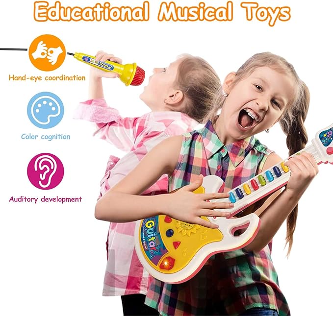 Toddler Guitar, Baby Musical Toys for Toddlers, Montessori Toys for 2 3 4 Year Old Boys Girls Pretend Play Gifts - Kids Guitar with Microphone & Piano Set Present for 1st First Birthday Christmas