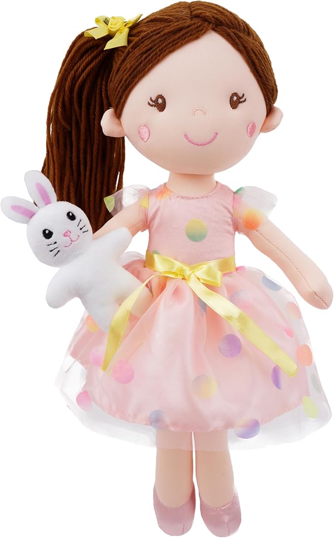 June Garden 15" Playmate Buddies Molly - Soft Plush Doll with Her Stuffed Animal Companion Bunny - Polka Dot Dress for Kids 1 Year and Up
