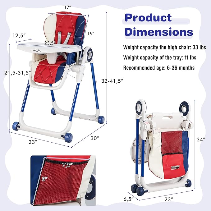 BABY JOY High Chair for Babies & Toddlers, Foldable Highchair with Adjustable Backrest/Footrest/Seat Height, Double Removable Trays, Detachable Seat Cushion, 4 Lockable Wheels (Colorful)