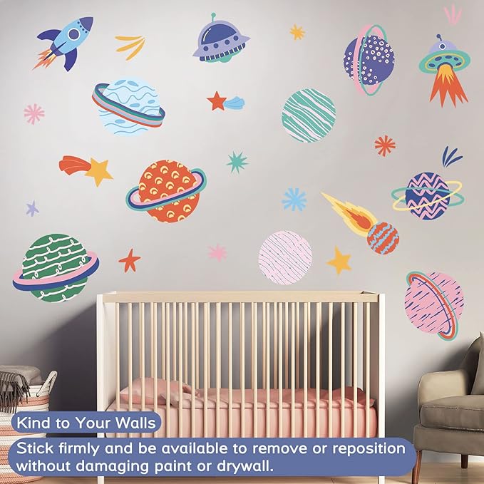 Large Space Wall Decal Stickers Rocket Spaceship Planets Wall Decals Planet Stars Wall Sticker Removable Vinyl Decals Solar System Galaxy Star Space Wall Decor for Nursery Kids Room Girls Boys Bedroom Wall Decor (Multicolor)