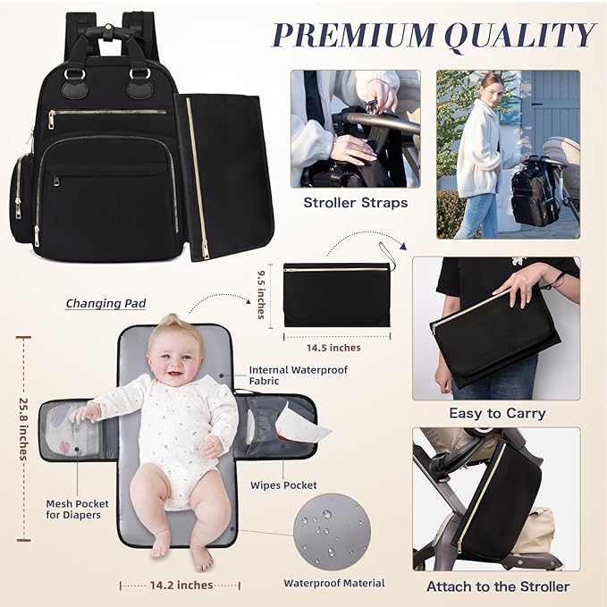 Diaper Bag Backpack, Baby Diaper Bag with 17 Pockets, Travel Baby Bag Backpack for Girl Boy, Large Diaper Bag with Changing Pad,USB Charging Port,Wet Dry Bag,Black