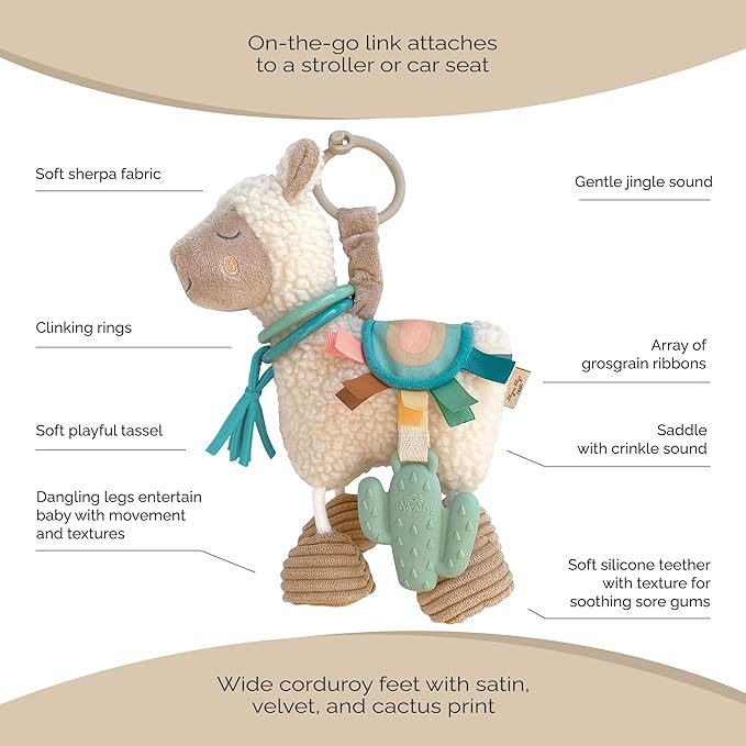 Itzy Ritzy Link & Love Toy for Stroller or Car Seat; Features Textured Ribbons, Crinkle Sounds, Clinking Rings & Silicone Teether; Designed For Ages 0 Months and Up (Llama)