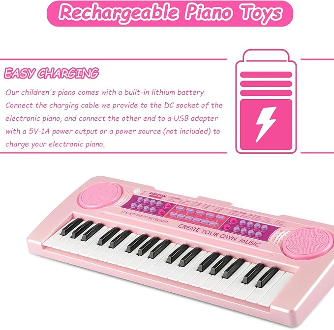 Kids Piano Keyboard Toys, 37 Keys Music Keyboard Piano for Kids with Microphone, Learning Educational Toddler Keyboard Toys for Kids Ages 3-8 (Pink)