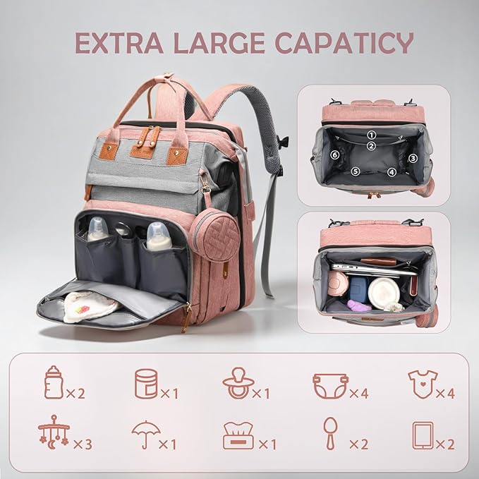 Diaper Bag Backpack, Multifunction Travel Baby Bag, Waterproof Tote Backpack with USB Port, Pacifier Case and Stroller Straps, Newborn Essentials for Moms Dads, Girls, Gray Pink