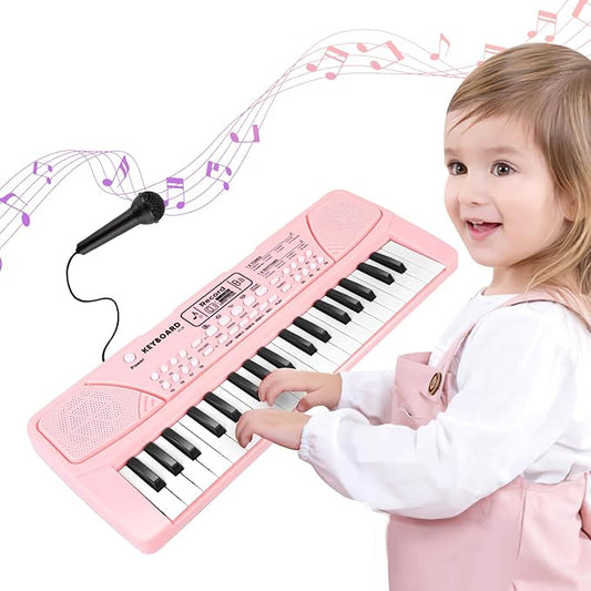 M SANMERSEN Kids Piano Keyboard with Microphone 37 Keys Portable Electronic Keyboards for Beginners Musical Toy for 3/4/5/6 Year Old Girls Boys, Pink
