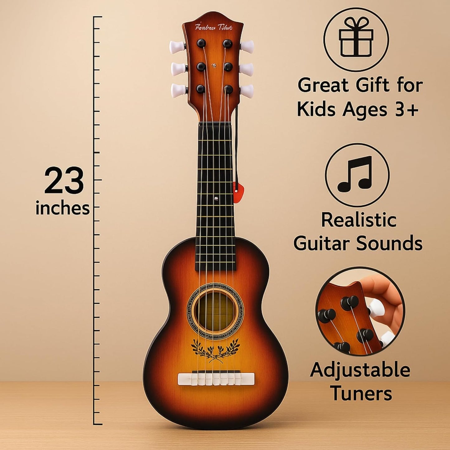23" Acoustic Guitar, Kids 6 String Toy Guitar - Realistic Steel Strings - Beginner Practice First Musical Instrument for Children, Toddlers (Amber Sunburst)