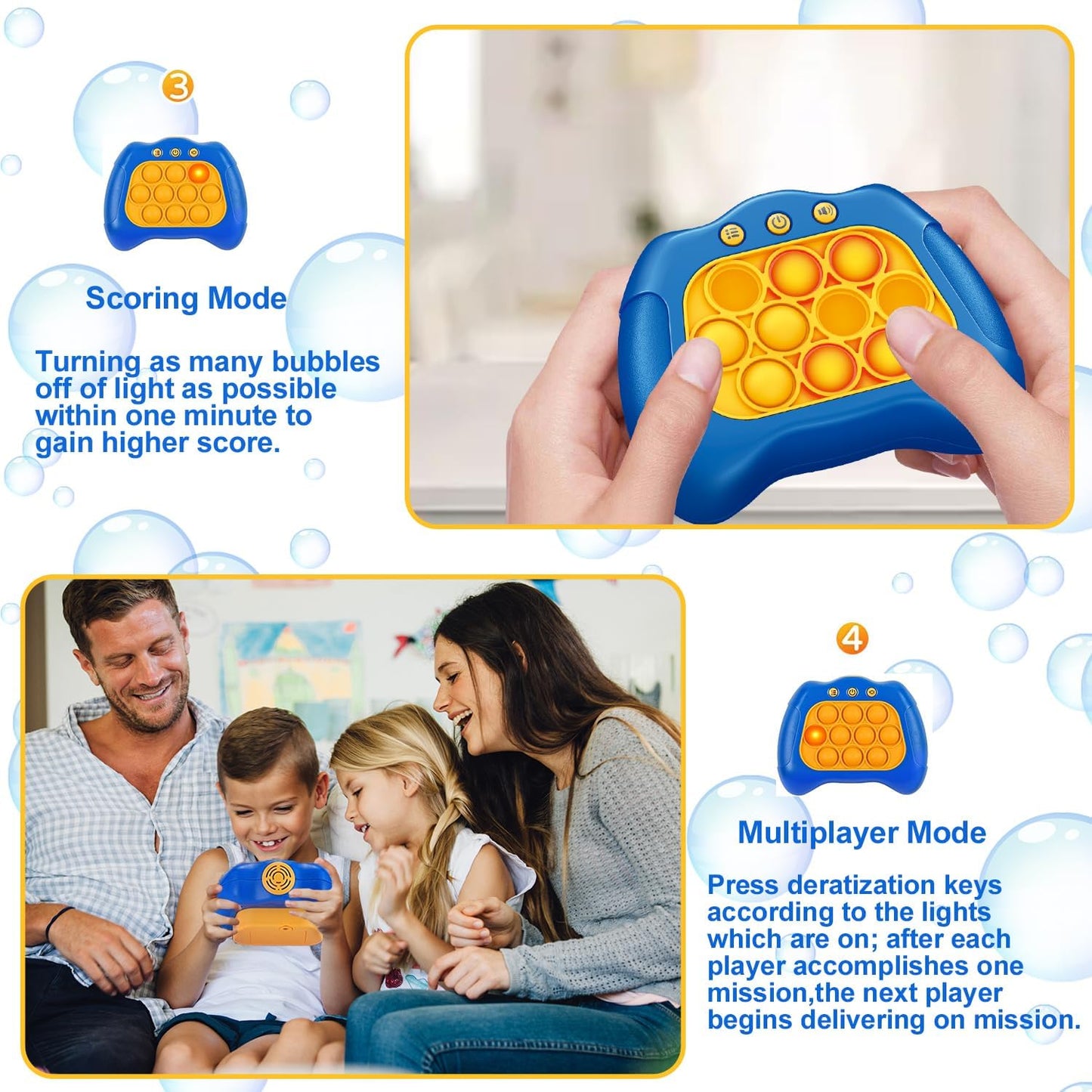 Quick Push Puzzle Game Machine Pop Fidget Light-Up Squeeze Poppet Sensory Toy Educational Push Pop Bubble Toy Stress Relief Party Favors Puzzle Game for Kids Teens Adults (Blue)