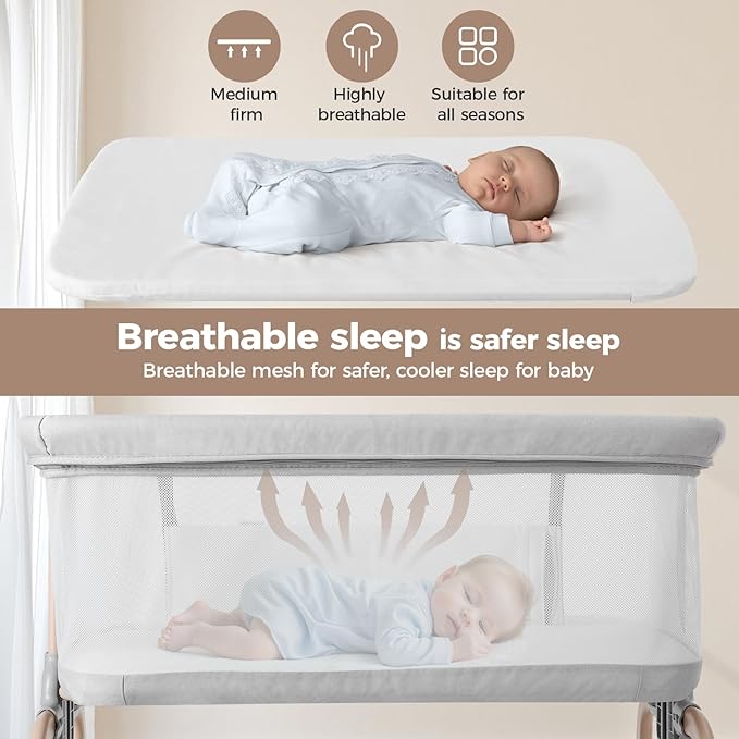 Cowiewie Bassinet Bedside Sleeper, Breathable Baby Bedside Bassinet and Mattress, Lightweight and Portable for Bedside Sleeping, Light Grey