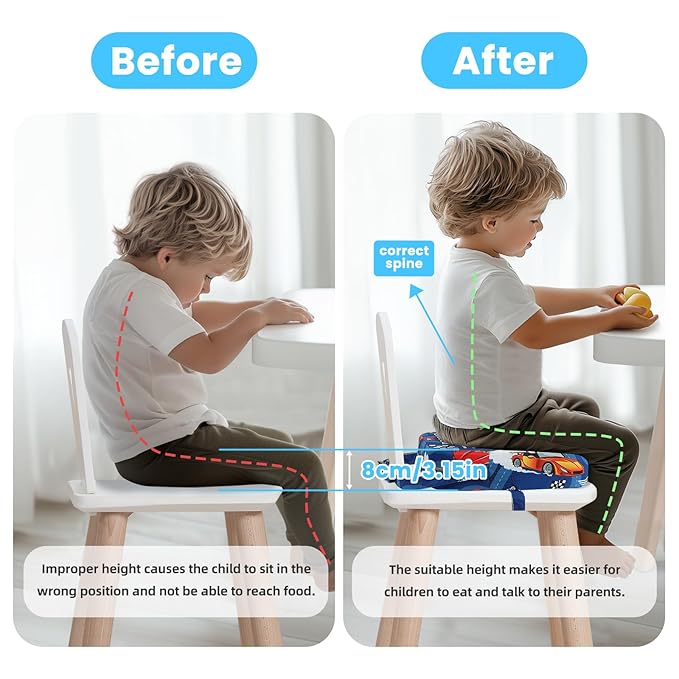Toddler Booster Seat for Dining Table, Kids Booster Seat for Kitchen Chair with Non-Slip Bottom, Portable Detachable Washable Increasing Cushion with 2 Adjustable Straps (Racing car)