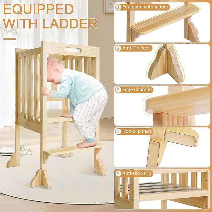 Foldable Toddler Learning Standing Tower, WOOD CITY Montessori Kitchen Step Stool Ideal Helper with 3 Adjustable Heights for Learning New Skills(Natural)