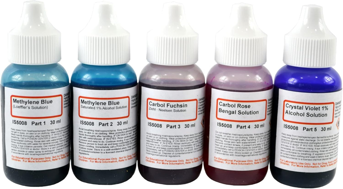 ALDON Innovating Science Bacteria Stain Set - 5 Microscope Slide Stains in 30mL Dropper Bottles: Methylene Blue (2), Carbol Fuchsin, Carbol Rose Bengal, Crystal Violate