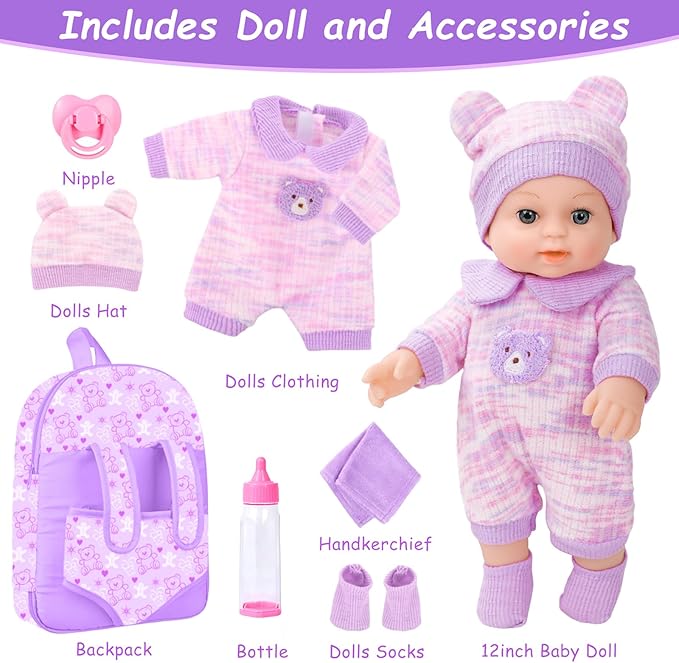 12'' Baby Doll with Bear Pattern Backpack in Gift Box,Including Clothes Accessories, Backpack, Baby Bottle, Pacifier, Hat, Socks, and Handkerchief for 3+ Child Girls Gifts