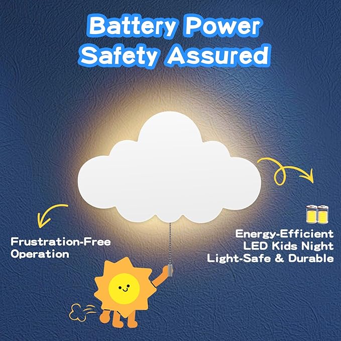 2 Pack Cloud Light - Battery-Powered Wall Lamp for Nursery, Kids Bedroom & Baby Room, 3000K Warm Night Light with Pull-String Switch, Cordless 3.7V, Lightweight 13x8in (No Charging Needed)