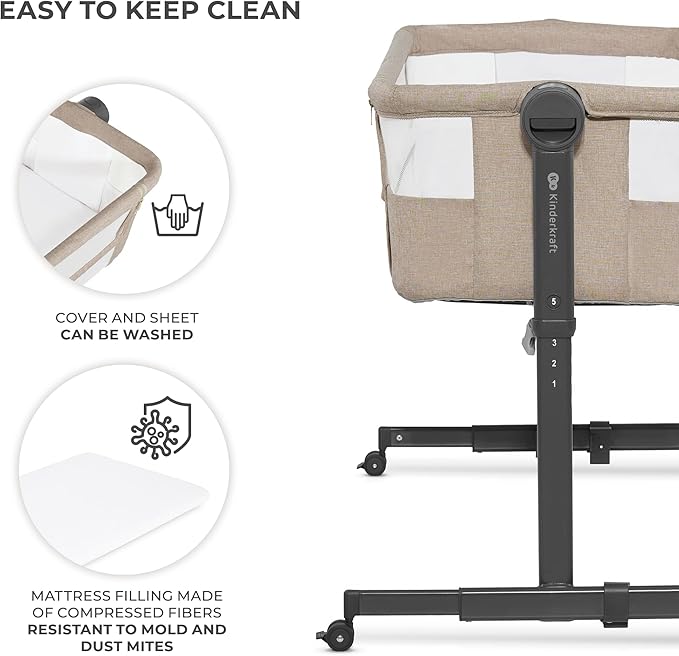 Kinderkraft Neste UP2 Bedside Cot 2 in 1, Co-Sleeper from Birth, Travel Cot for Newborn, Adjustable Height, Included Mattress Sheet, with 4 Wheels, Breathable Mesh, Beige