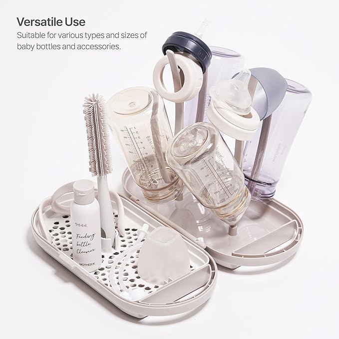 MOTHER-K Travel Baby Bottle Drying Rack Set - Baby Bottle Cleaner Kit with Cleanser and Mini Silicone Bottle Brush, Portable Bottle Drying Rack for Home and Travel (Cream Mocha)