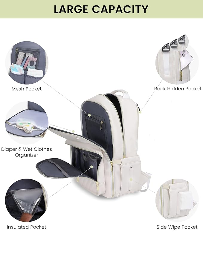 LOVEVOOK Leather Diaper Bag Backpack, Quilted Baby Bag with Changing Pad & Pacifier Holder, Waterproof Travel Diaper Bags for Baby Boys Girls, Stylish and Large Capacity, Beige