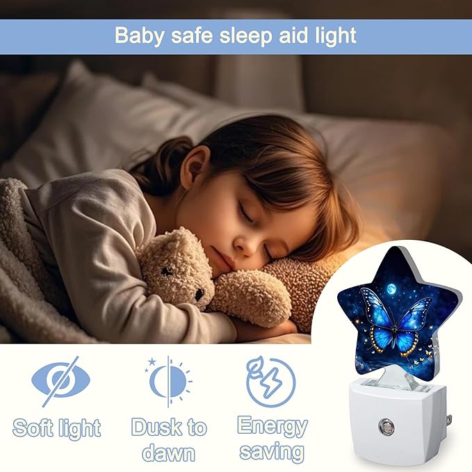Blue Butterfly Moon Dusk to Dawn Star Night Light,Starry Sky Smart Sensor Nightlight for Bedroom Kitchen Hallway Stairs,Plug-in Energy Efficient Decor Desk Lamp Women Men Gifts
