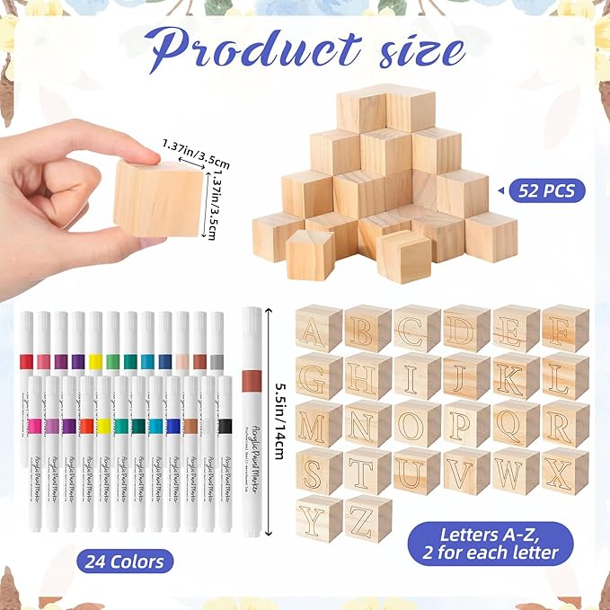 117 Pcs Baby Shower Blocks to Decorate Game Kit Includes 52 Wooden Blocks 24 Markers 1 Game Sign 40 Templates to Paint (Blue Bear)