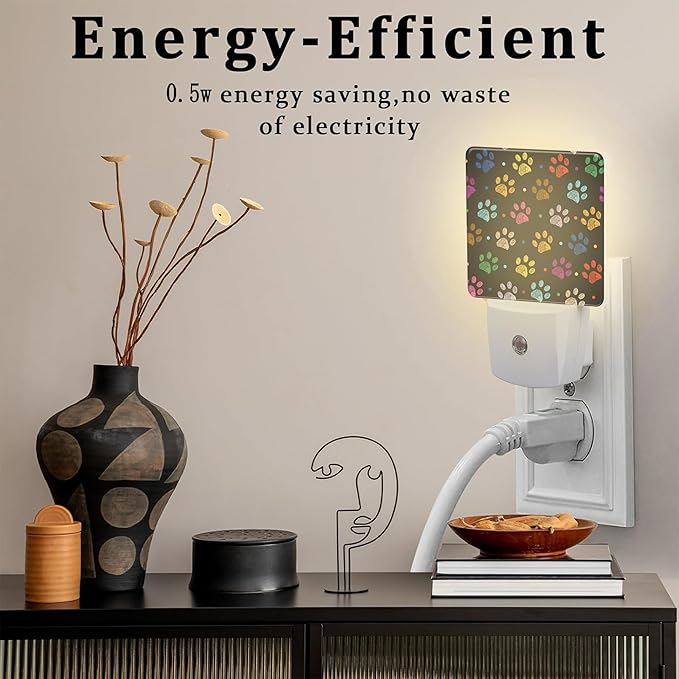 Colorful Paw Prints Night Light Plug into Wall, Animal Footprints Dusk to Dawn Night Light Plug in,0.5w Energy Saving Sleep Friendly NightLight for Kids Boys Girls Home Decor