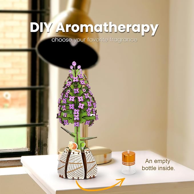 Jege 3D Flowers Wooden Puzzles for Adults,DIY Wooden 2 Flowers per Kit Building Set for Home Decor, Creative Craft Gift Toys Kits with 2 Perfume Bottles and Diffuser Sticks (Rose + Lilac)