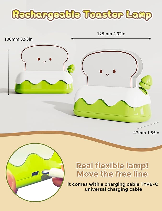 L LOHAS LED Cute Toaster Night Lights for Kids, Kawaii Stuff Bread Desk Lamp with Smile Face, Rechargeable Desk Decor for Bedroom, Besides, Dinning, Nursery Night Light for Kids, Boys, Girls, Gifts